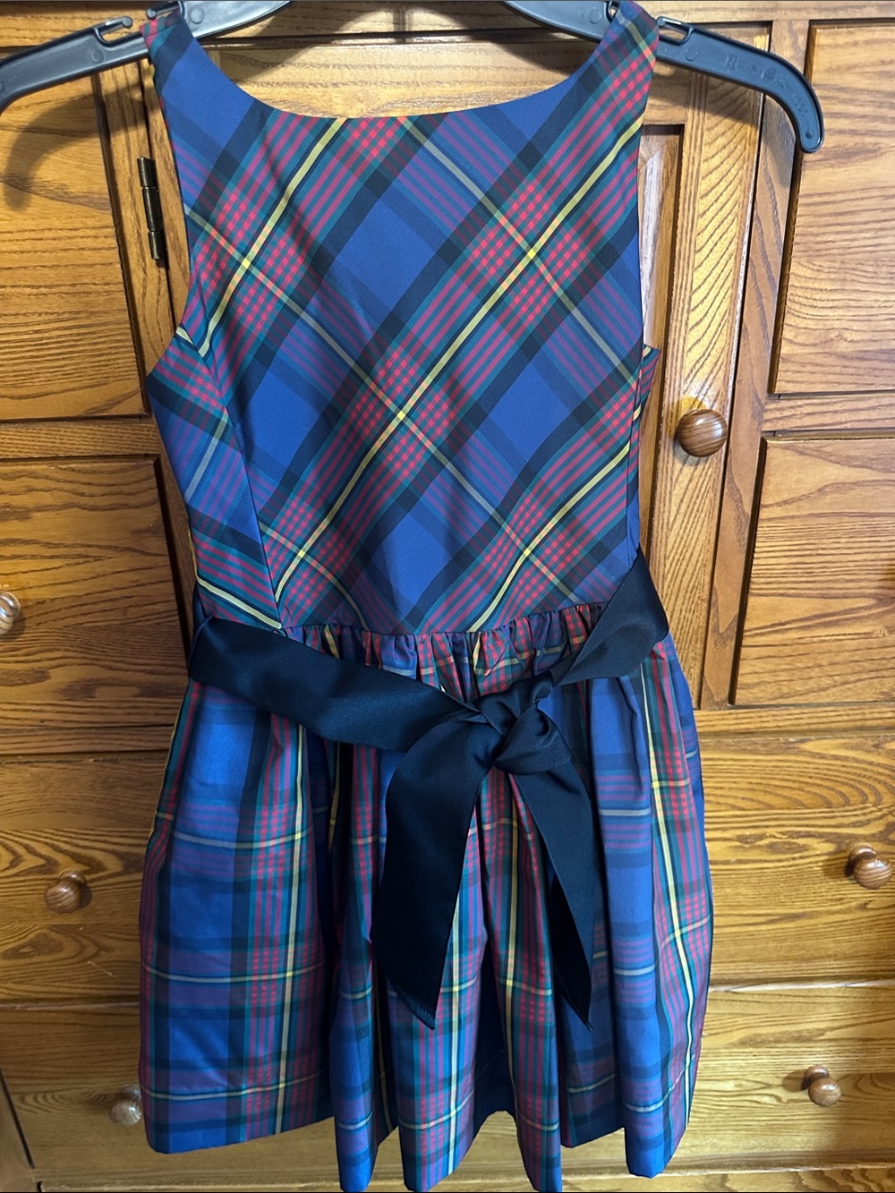 Ralph Lauren Blue Plaid Holiday Dress with Black Sash